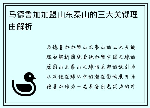 马德鲁加加盟山东泰山的三大关键理由解析 马德鲁加加盟山东泰山的三大关键理由解析